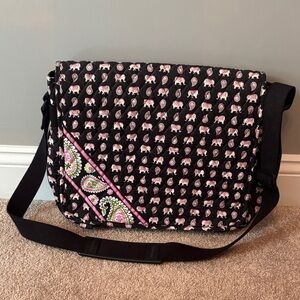 Vera Bradley Black and Pink Elephant Print Messenger Bag